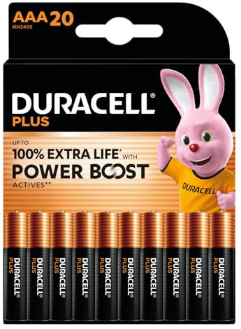 DURACELL Plus Piles AAA (Lot de 20) – Piles Alcalines 1,5 V–Durent Jusqu’à 100% Plus Longtemps grâce aux Actifs Power Boost–Fiable pour Vos Appareils du Quotidien–Emballage 0% Plastique– MN2400