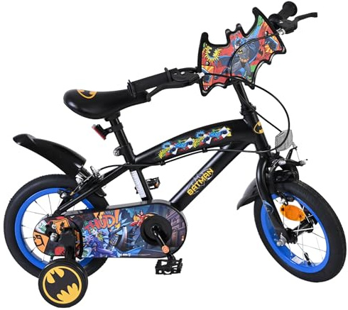 Volare Batman Kids Bike | Age 3-5 | 12 Inch Wheel | 2 Handbrakes (Front & Back Wheel), Removable Stabilisers, Chain Guard & Pedal Reflectors | Adjustable Saddle | Gift for Girls & Boys