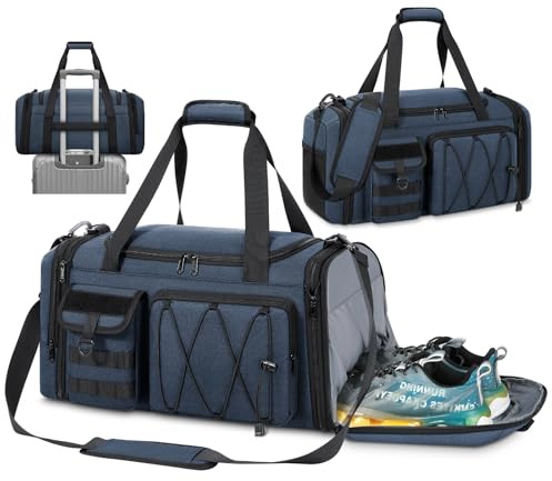 RAINSMORE Gym Bag with Shoe Compartment and Wet Pocket 40L Sports Duffel Bags for Men and Women Water Resistant Expandable Holdall Bag Travel Weekend Large Sports Bag Blue