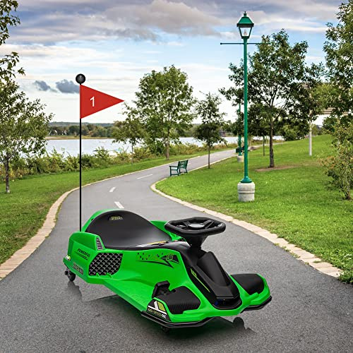 Electric Go Kart, 24V Ride On Car with Steering Wheel and Pedals, Up to 12 kph Variable Speed with Drift Mode and Reversing, Anti-Rollover, Music, Colorful LED Light, USB OutdoorToys green