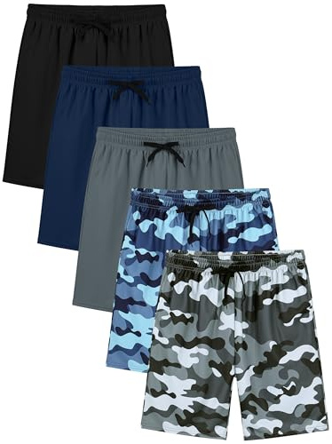 Resinta 5 Pack Boys Shorts Boys Quick Dry Athletic Pull-On Shorts with Elastic Waist for Summer Playwear