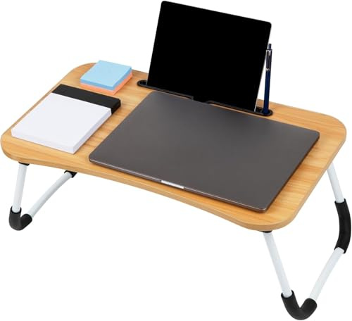 Bandeja Mesa Plegable para Cama con Ranura para Tablet, Escritorio Portátil para Ordenador, Lectura y Desayuno, Mesa Auxiliar con Patas Estables Antideslizantes, Superficie Efecto Madera, 60x40x26cm