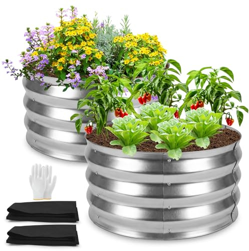 Aiuola Rialzata Rotonda in Metallo 2 Pezzi, 60 x 60 x 30 cm Argento, Fioriera da Giardino con Tessuto per Piante e Guanti, Vaso Rialzato per Erbe Aromatiche, Verdure, Fiori, Balcone e Terrazzo