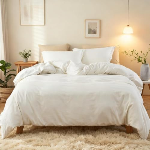 Simple&Opulence French Linen Duvet Cover Set 88 x 92- 3 Pieces (1 Comforter Cover,2 Pillowcases)- Natural Flax Cotton Blend-Solid Color Breathable Farmhouse Bedding-Off White, Queen
