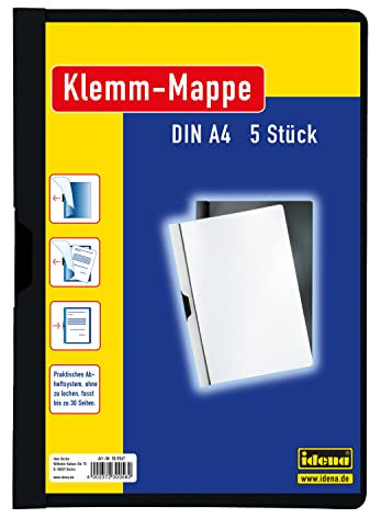 Idena 300567 - Klemmmappe für DIN A4, schwarz, 5 Stück, Fassungsvermögen bis zu 30 Seiten
