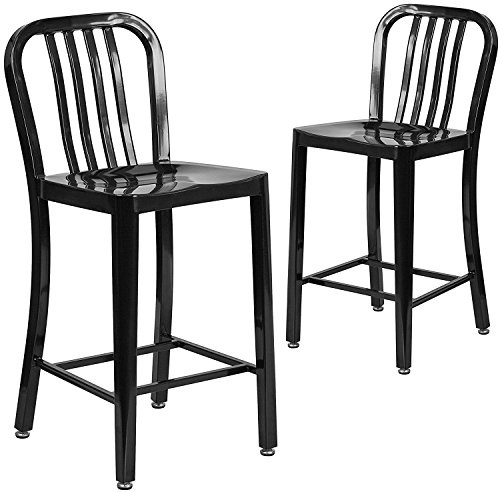 Flash Furniture Lily Barhocker, kommerzielle Qualität, 61 cm hoch, schwarzes Metall, für Innen- und Außenbereich, Thekenhocker mit vertikaler Lattenlehne, 2 Stück