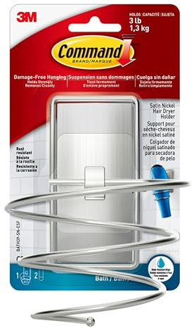 Command Bath Hair Dryer Holder, Satin Nickel, Water Resistant Adhesive Strips - 1 Hairdryer Holder and 2 Large Strips – Damage Free Hanging