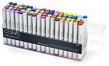 COPIC Sketch Set de 72 marqueurs à encre à alcool permanente double pointe, pointe pinceau ultra souple et large biseautée, rechargeable – Set D