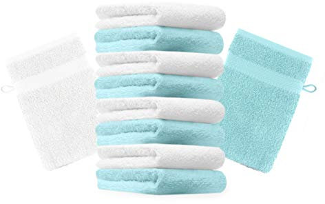 Betz paket med 10 tvättvantar premium 100 % bomull 16 x 21 cm (turkos och vit)