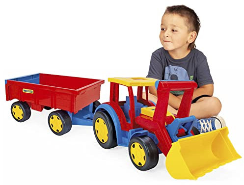 Wader 66300 - Gigant Traktor mit großer Frontschaufel und Anhänger, ca. 107 cm lang, belastbar bis 100 kg, ab 12 Monaten, ideal als Geschenk zum phantasievollen Spielen