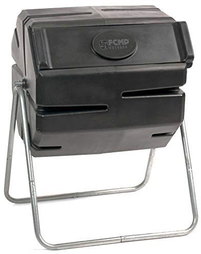 FCMP Outdoor 37 Gallon 1 Piece Plastic Single Chamber Roto Tumbling Composter Outdoor Elevated Rotating Garden Compost Bin, Black