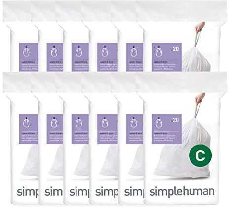 simplehuman Code C Custom Fit Liners Drawstring Trash Bags 10-12 Liter / 2.6-3.2 Gallon 12 Refill Packs (240 Count)