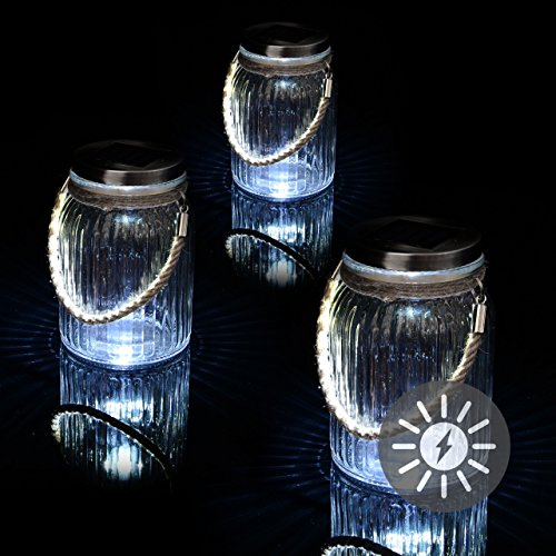 Nexos Trading Solarglas 3er Set mit je 3 LED Solar weiß mit Aufhänger Glas Gartenbeleuchtung Ø 11cm, Höhe 15,5 cm Party Garten Licht für Außen mit Solarpanel Sonnen Energie Beleuchtung