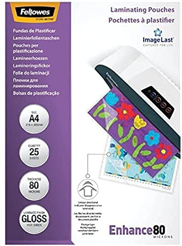 Fellowes A4 Laminating Pouches - Gloss Finish - 25 Sheets - 160 Micron (2x80) Clear & Durable Laminating Pouch with Image Last Directional Quality Mark - Ideal for Photos and Notices