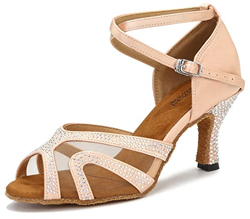Rhinestones Ballroom Dance Shoes Women Latin Salsa Bachata Performance Dance Shoes Suede Sole (9, Nude-2.5inch Heels)