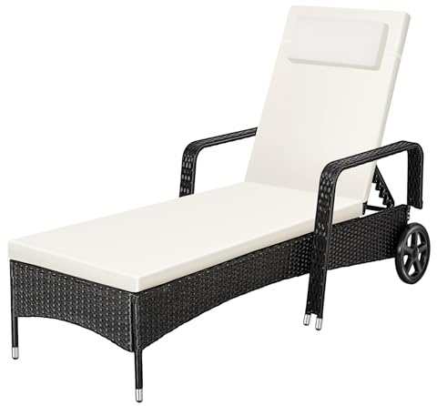 tectake® Lettino Poly Rattan Arredo Esterno Giardino, Sdraio Prendisole, Sdraio da Giardino, Terrazzo, Balcone, Sdraio piscina, Ruote Gommate, Arredo Interno Divano Sedia - Nero