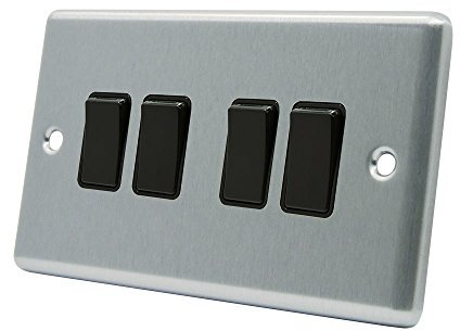 AET CSC4GSWIBL 10 A 4-Gang 2-Way Satin Finish Chrome Classical Black Insert Plastic Rocker Light Switch
