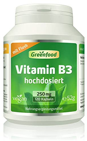 Vitamin B3 (mit Flush!), hochdosiert, 250mg - 120 Kapseln, vegan. Niacin - für Energie, Balance und Vitalität. OHNE künstliche Zusätze - laborgeprüft. Von Greenfood.