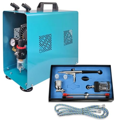 AMUR Profi-AirBrush Kompressor Universal II-C mit Start/Stop-Automatik, mit Schutzgehäuse + UNIVERSAL-AIRBRUSH-PISTOLE DOUBLE-ACTION inkl. 3 Düsen + Nadeln + Fliesbecher + Glas und Druckluftschlauch