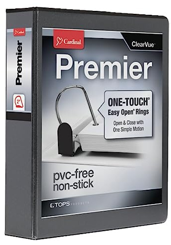 Cardinal 3 Ring Binder, Binders for School and Office, Durable 2 Inch Premier Easy Open Binder, ONE-Touch Locking Slant-D Rings, 565-Sheet Capacity, ClearVue Cover, PVC-Free, Black (10321CB)