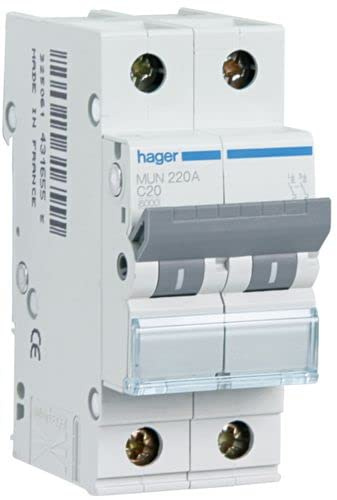 Hager MUN520A Interruptor Automático Magnetotérmico Serie MU, 1P+N, 20A, curva C, 6KA