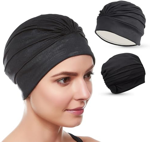 Beemo Cuffia da bagno turbante da donna – Poliestere lattice foderato pieghettato per donne e ragazze capelli lunghi/corti – nero