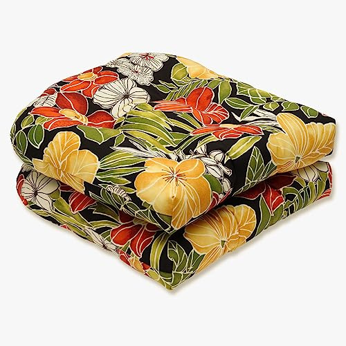 Pillow Perfect Tropic Floral Indoor/Outdoor Chair Seat Cushion, Tufted, Weather, and Fade Resistant, 19 x 19, Black/Green Clemens, 2 Count