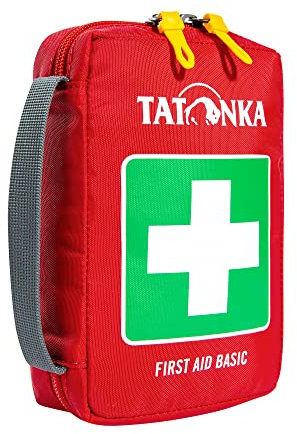 Tatonka First Aid Basic - Erste Hilfe Set mit Inhalt - U. a. mit Rettungsdecke, Checkliste und Spickzettel für die Erstversorgung - Für Outdoor, Wandern - Maße: 18 x 12,5 x 5,5 cm - rot