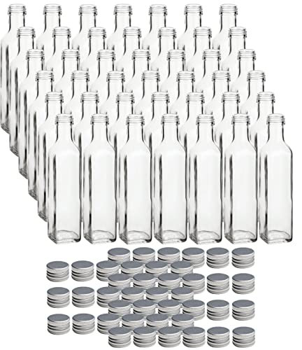 gouveo 42er Set Glasflasche 250 ml Maraska, eckig, Schraubverschluss PP31,5 (silberfarben) - leere Flaschen zum Befüllen für Likör, Schnaps, Sirup, Öl & Essig - spülmaschinengeeignet (MFET250S)