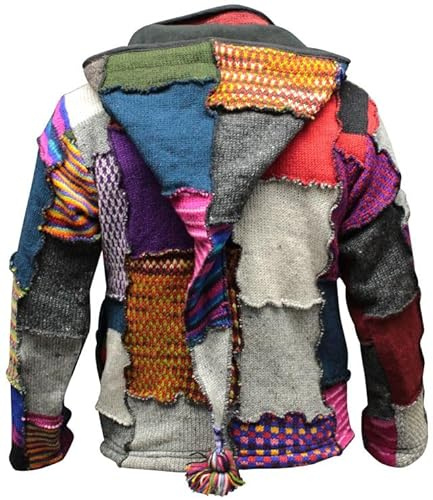 SHOPOHOLIC FASHION Giacca da Uomo in Lana con Cappuccio Foderata in Pile Stile Hippie Batik Patchwork, XL