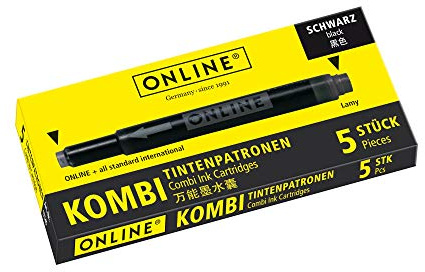 Online Double-Sided Pen Ink cartridges, Universal Pen Refills, Compatible with All Common Fountain pens, Even Lamy pens - 5 Spare cartridges - Colour Black