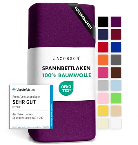 Jacobson Jersey Spannbettlaken Spannbetttuch Baumwolle Bettlaken (180x200-200x220 cm, Royal Lila)