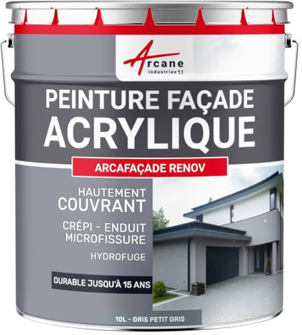 ARCANE INDUSTRIES Peinture Façade Hydrofuge Acrylique - Mur, Crépi, Béton - Imperméable Haute Résistance 15 Ans - 10 L (+ ou - 60 m² en 1 Couche) Gris Petit-Gris - RAL 7000