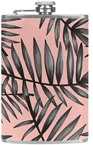 Leather Pocket Flagon Whiskey Flask with Handsel Funnel for Camping Fishing BBQ Party Bar Drinkers Wine Bottle Tropical Leaves Plant Pink Retro