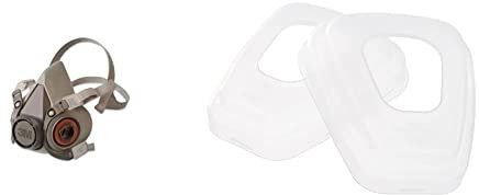 3M 6100M Respiratore a Semimaschera anti-gas/anti-fumo Riutilizzabile, Misura Piccola, Certificato EN di sicurezza, Taglia M & 501 Set 2 Ghiera Coprifiltro Per Filtri Serie 5000