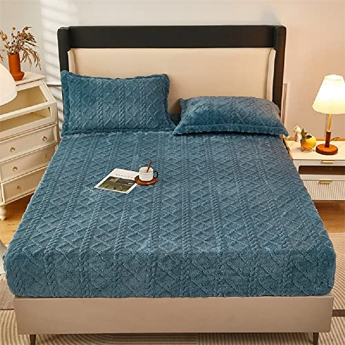 Lanqinglv Fleece Plüsch Spannbettlaken 150x200cm Blau Kuschelige Flauschig Cashmere-Touch Winter Warm Bettlaken Spannbetttuch für Boxspringbett Topper Matratze bis 25-30 cm