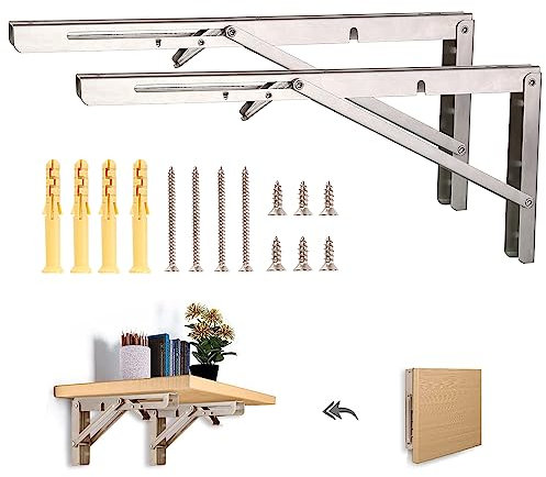 Klappkonsole Schwerlast 400 mm - Klappscharnier Packung mit 2 Edelstahl Klapphalterung Klappwinkel Platzsparendes Klappregal für Klapptisch Wandmontage, Regalhalterung, Belastbarkeit 100 kg