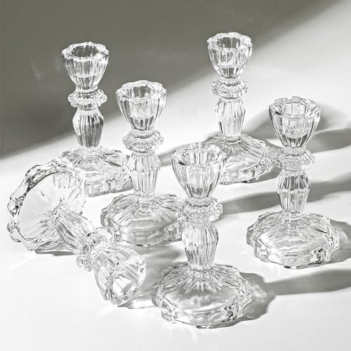 4.33 Tall Glass Candlestick Set of 6 Clear Crystal Candle Holders for Glass Taper Holder Decor for Wedding Birthday Party Christmas