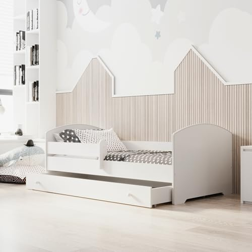 Kobi Cama Niño LUK Blanco 180x80 | Una Cama para una habitación Infantil y Adolescente | Cajón, Barrera de Seguridad y colchón Incluido |