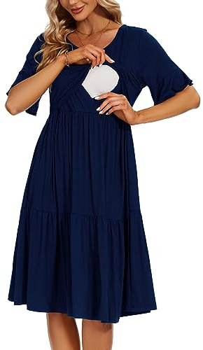 Smallshow Vestidos Boda Lactancia Mujer Manga Corta Vestido Premama,Navy,L