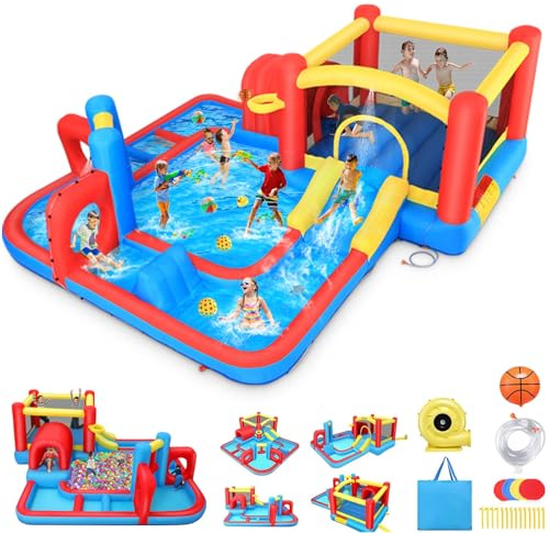 Inflatable Bounce House Water Slide, 14.3x14.3FT Maze Waterpark Obstacle Course w/Jump Area, Splash Pool, Obstacle, Slide, Punching Bag, Basketball Hoop & Tunnel for Kids Backyard Indoor Outdoor
