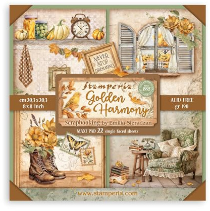 Stamperia - Scrapbook Paper Pad for Scrapbooks, Albums, Card Making, Bullet Journalling and More, Acid Free, Single Face, Perfect for Hobbies, Crafts, and Gifting (Golden Harmony) (20,3 x 20,3 cm)