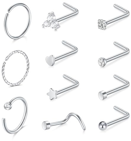 AceFun piercing naso argento oro,piercing naso sottile acciaio inox naso anelli set per gli uomini donne curvo a forma L piccolo naso 20G Strass naso piercing gioielli