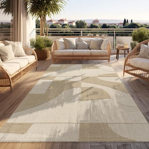 Paco Home Outdoor Teppich Wetterfest Balkon Wohnzimmer Boho Design Geometrisches Muster Abstrakt 3D Effekt Moderne Deko Beige Creme, Grösse:160x220 cm