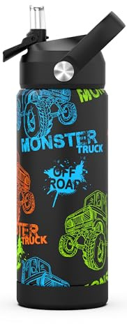 Ntswasd Vattenflaska i rostfritt stål sugrör termosflaska 550 ml-BPA fri läckagesäker termosflaska för skola, sport, barn, fitness (monster lastbilar)