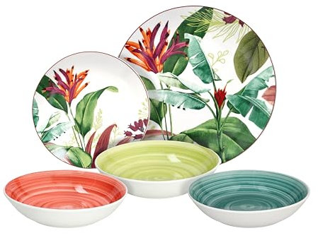 Tognana Tropicalia, service de vaisselle 18 pièces pour 6 personnes, porcelaine, multicolore