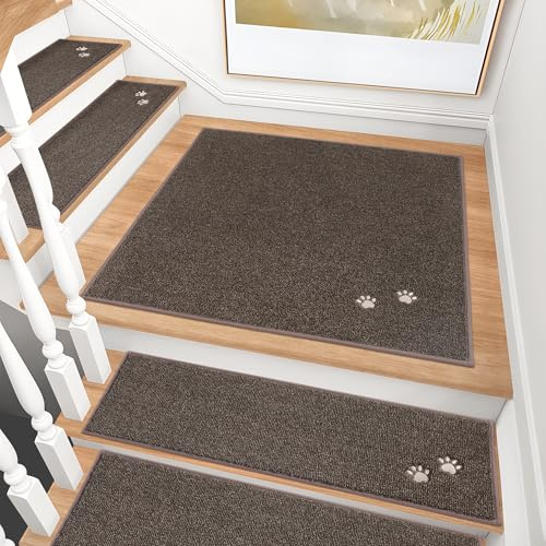 BEQHAUSE Tapis Escalier, Antidérapant, Marron, 15 Pièces,76 * 76cm | 100% Polyester, Lavable en Machine, Dos TPE Antidérapant, pour Marches d'Escalier