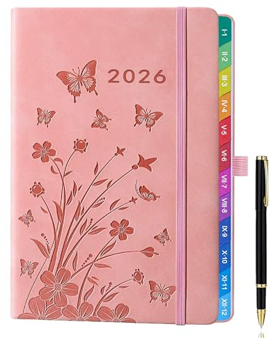 Agenda settimanale A5 2026 (gen a dice.) – Motivo floreale rosa con linguette mensili colorate, 2 segnalibri, portapenne elastico, passante per penna e tasca interna – elegante pianificatore
