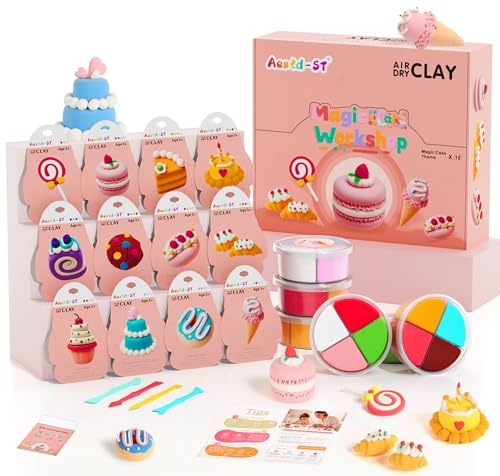 Air Dry Clay Kit - Cake Themed, Modeling Clay for Kids, Dessert DIY Model Magic Clay with Tools and Tutorials, 12 Boxes Molding Clay, Ultra Light, Soft & Non-Sticky, Arts and Crafts Gifts for Kids
