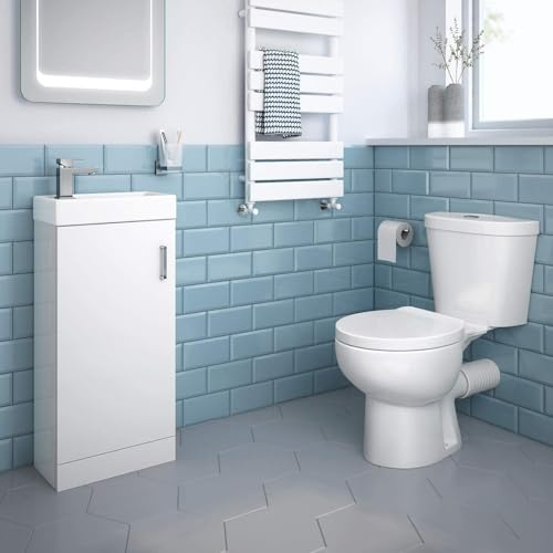iBathUK Quartz Cloakroom Toilet and Basin Set, Vanity Sink Cabinet, Ceramic Basin, Space Saving Bathroom Furniture Suite, Compact Modern Design with Soft Close Toilet in Gloss White 400mm